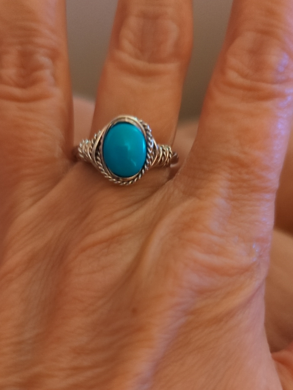 Turquoise Stone Silver Rope-Accent Ring